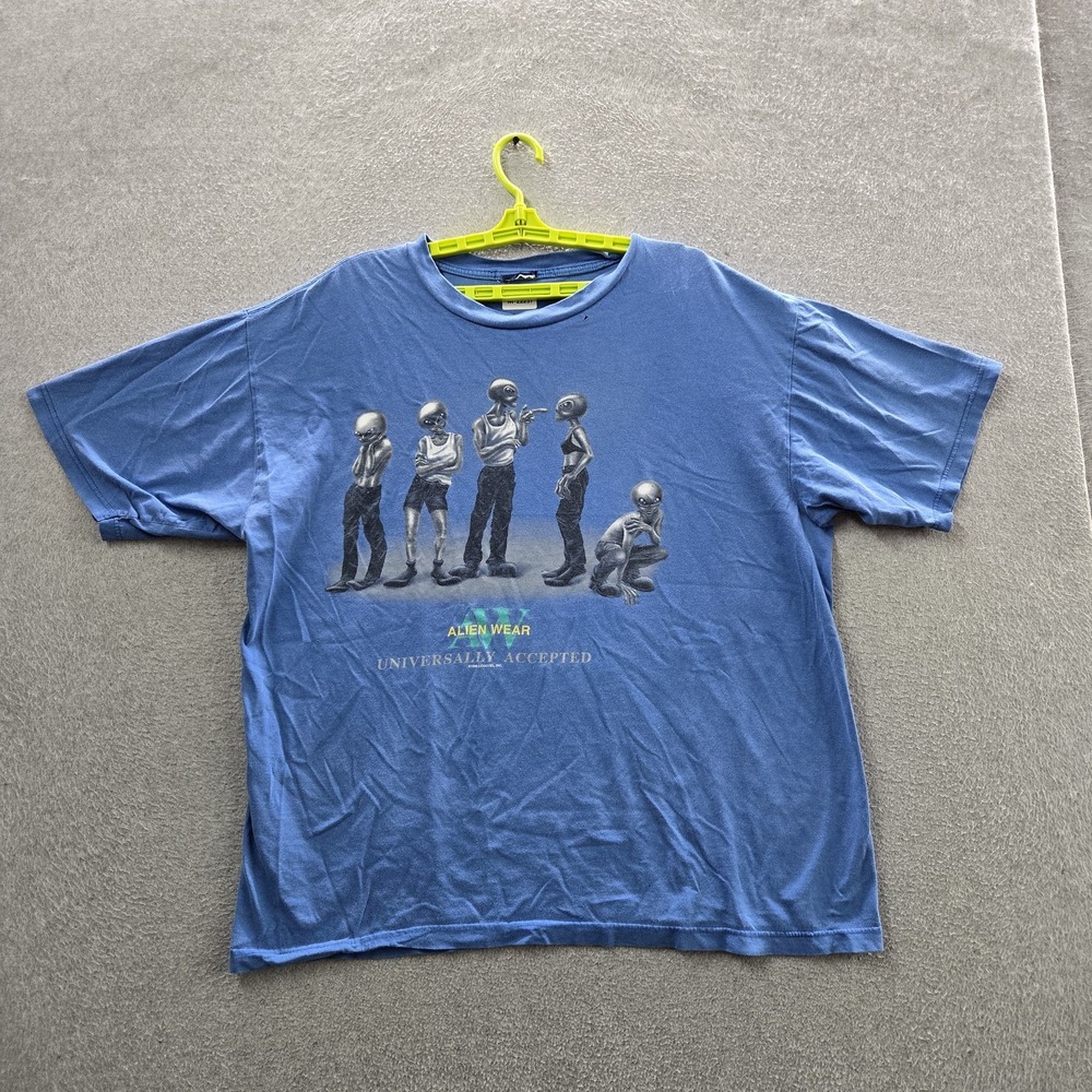VINTAGE Alien Wear Men Shirt 3XL Blue 90s USA Universally Accepted UFO READ
